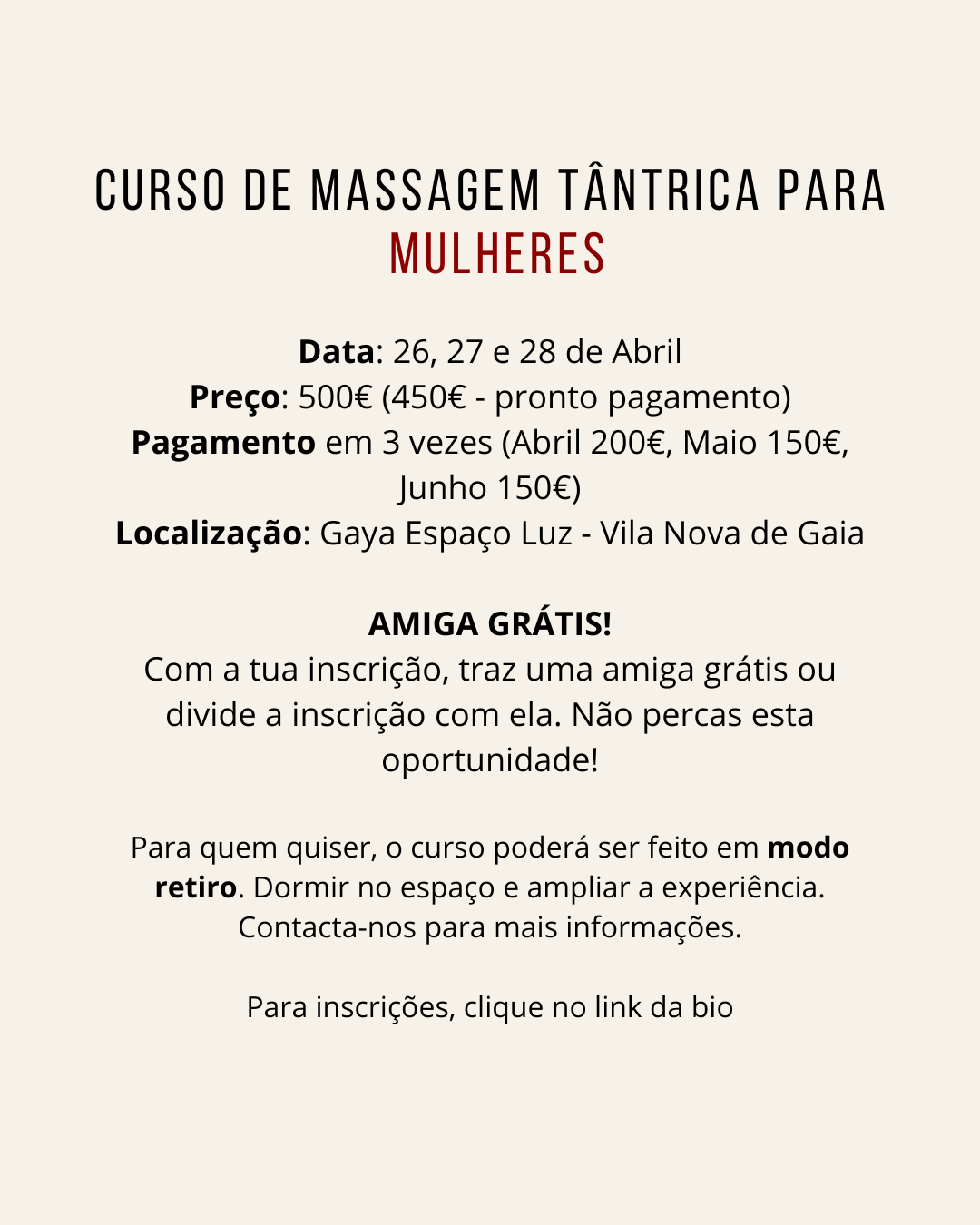 CURSO CERTIFICADO DE MASSAGEM TÂNTRICA PARA MULHERES - 25, 26 e 27 de Abril